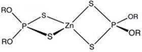 ZDDP. De R-groepen zijn alkanen waarvan de lengte kan variëren.