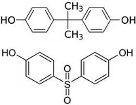 Bisfenol A (boven) en bisfenol S.