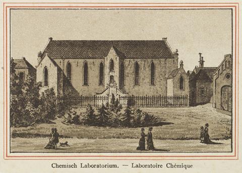 Gezicht, rond 1875, vanaf de stadswal te Utrecht op de voorgevel van het Chemisch Laboratorium Leeuwenbergh