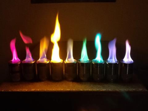 Gekleurde vlammen van methanoloplossingen van o.a. metaalzouten.